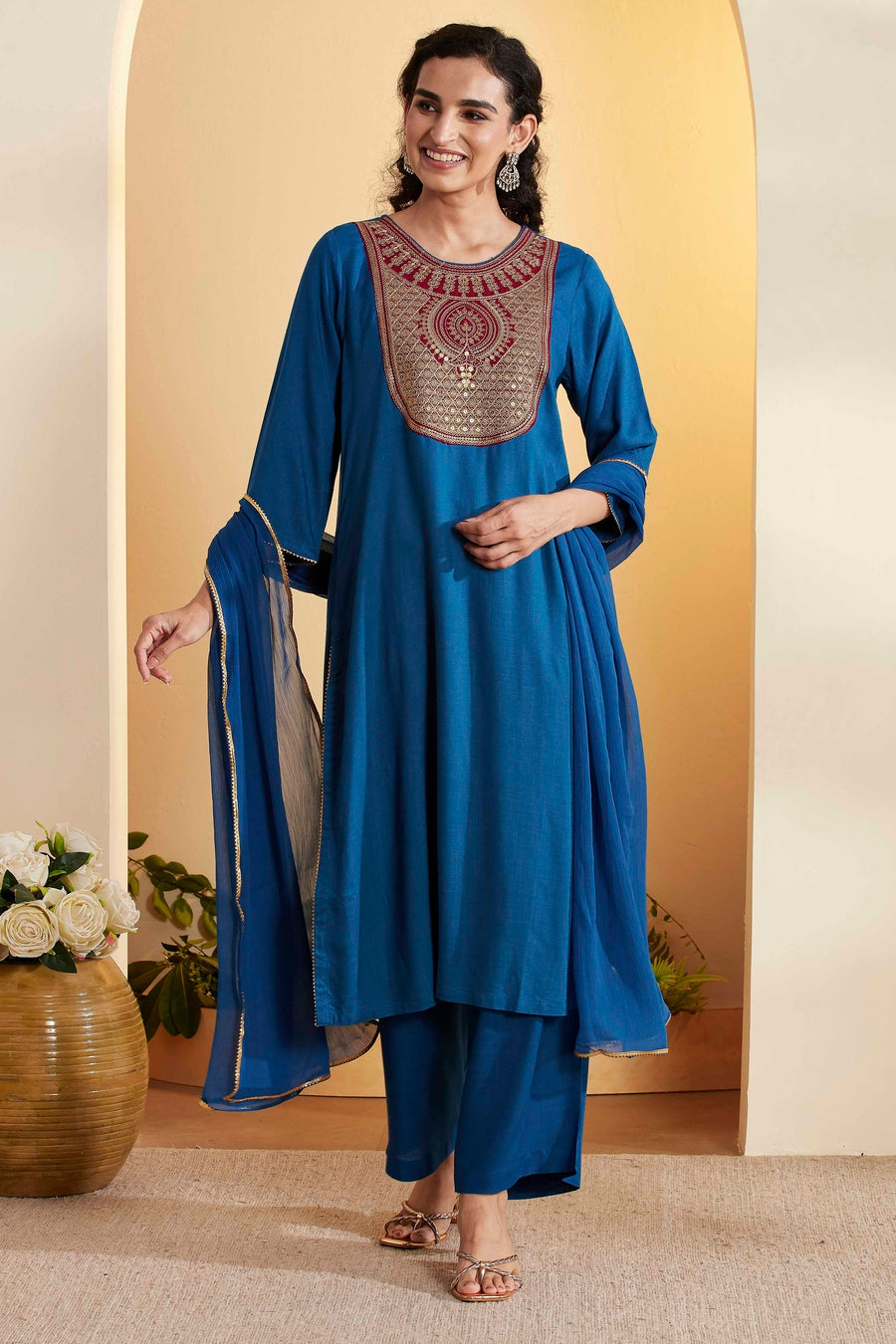Blue Viscose Rayon Yoke Design Straight Kurta Set