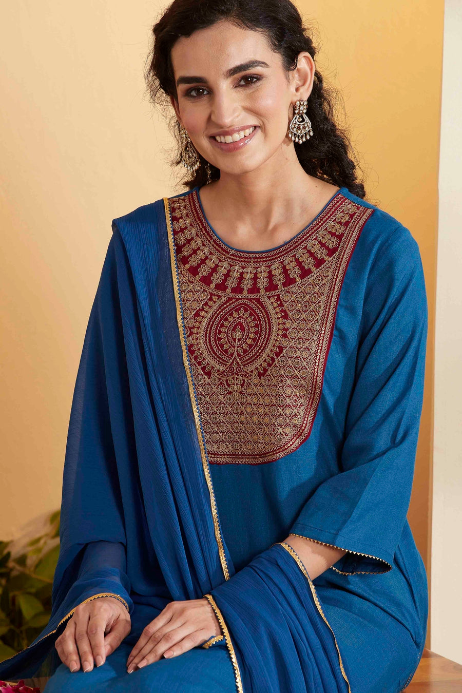 Blue Viscose Rayon Yoke Design Straight Kurta Set