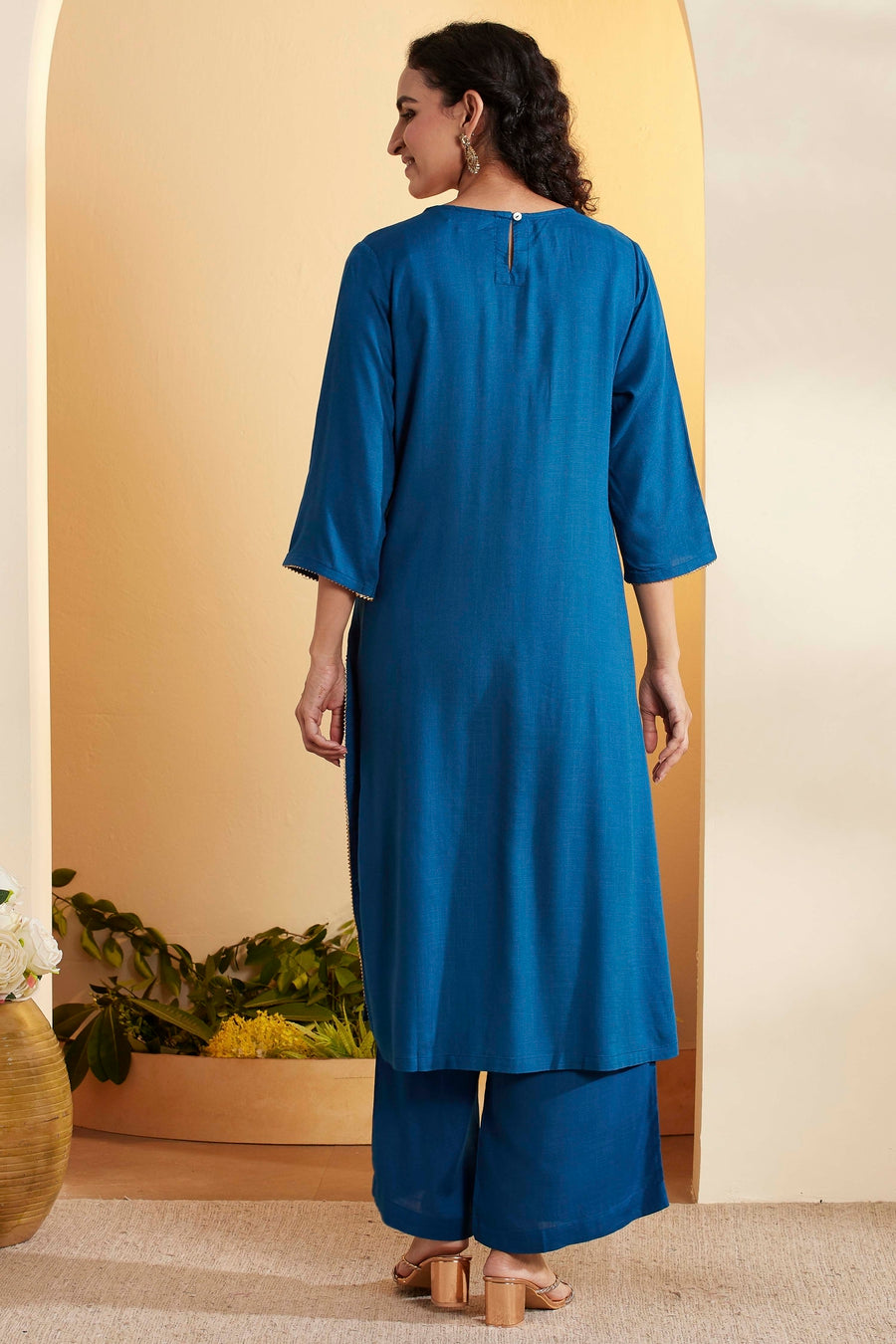 Blue Viscose Rayon Yoke Design Straight Kurta Set