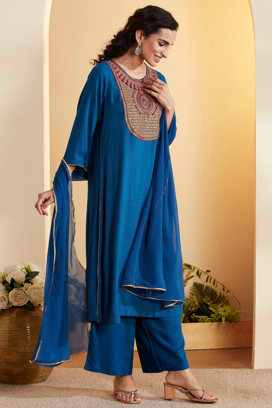Blue Viscose Rayon Yoke Design Straight Kurta Set