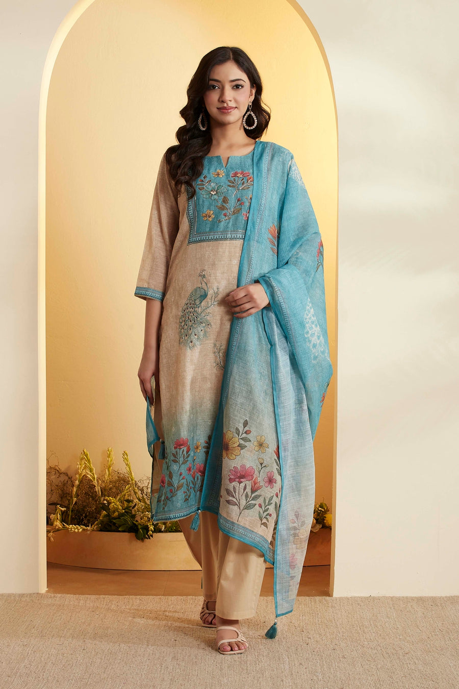 Green & Beige Printed Cotton Straight Kurta Set