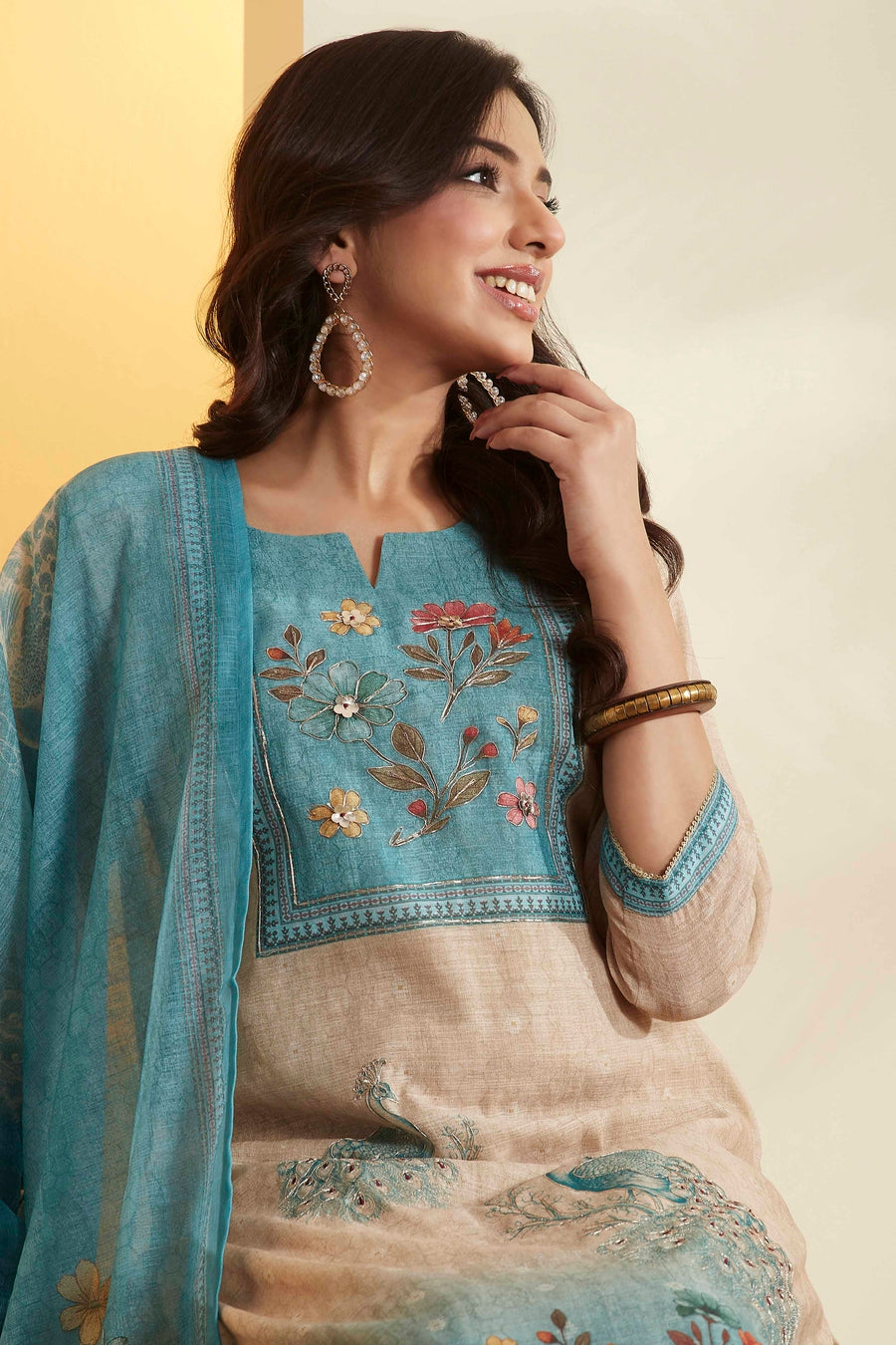 Green & Beige Printed Cotton Straight Kurta Set
