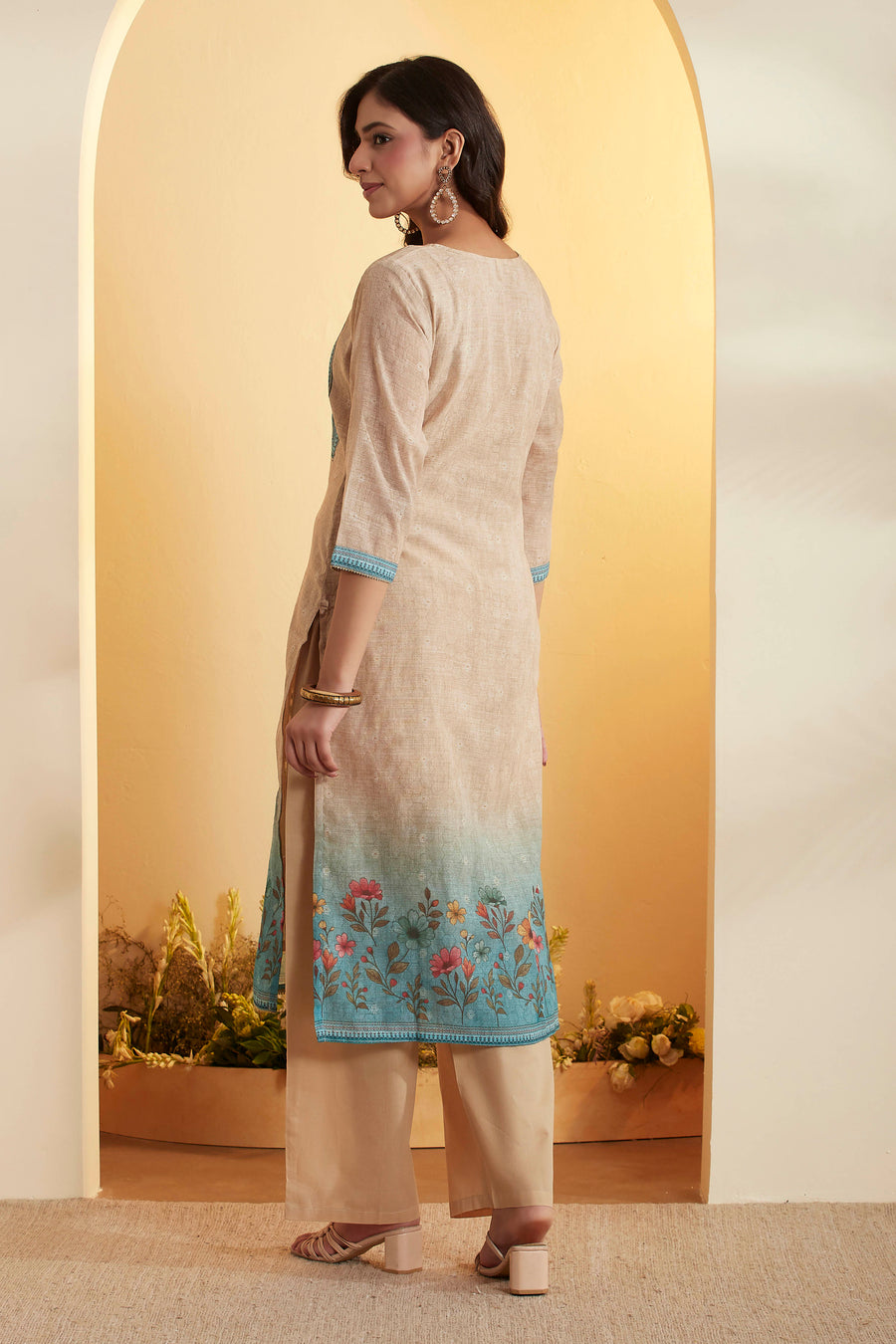 Green & Beige Printed Cotton Straight Kurta Set