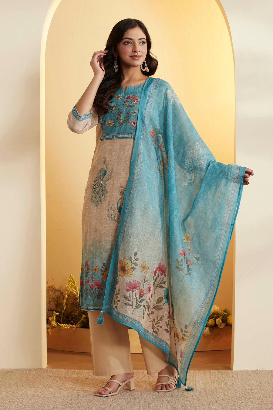 Green & Beige Printed Cotton Straight Kurta Set