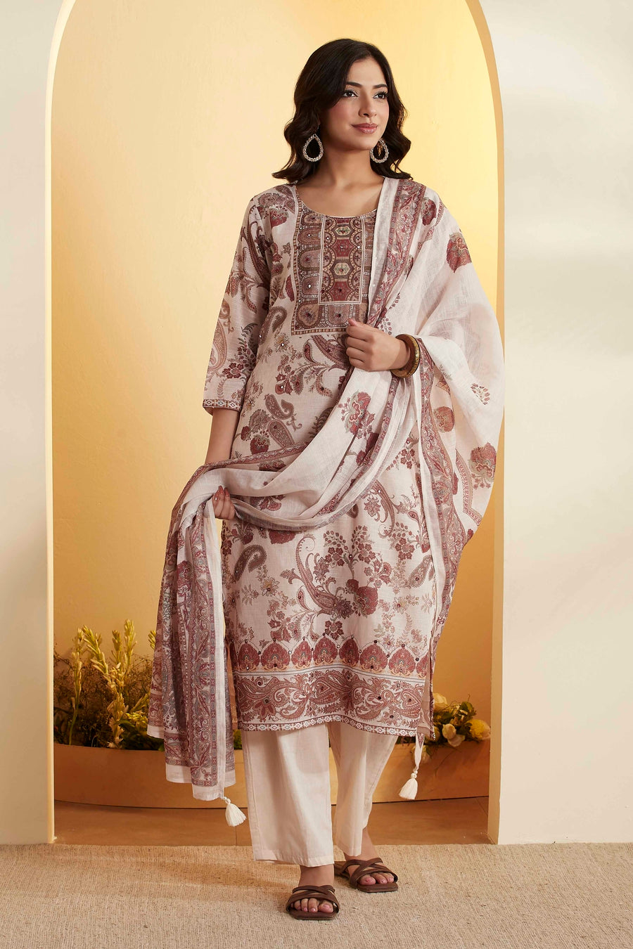 Cream Paisley Printed Poly Linen Kurta Set