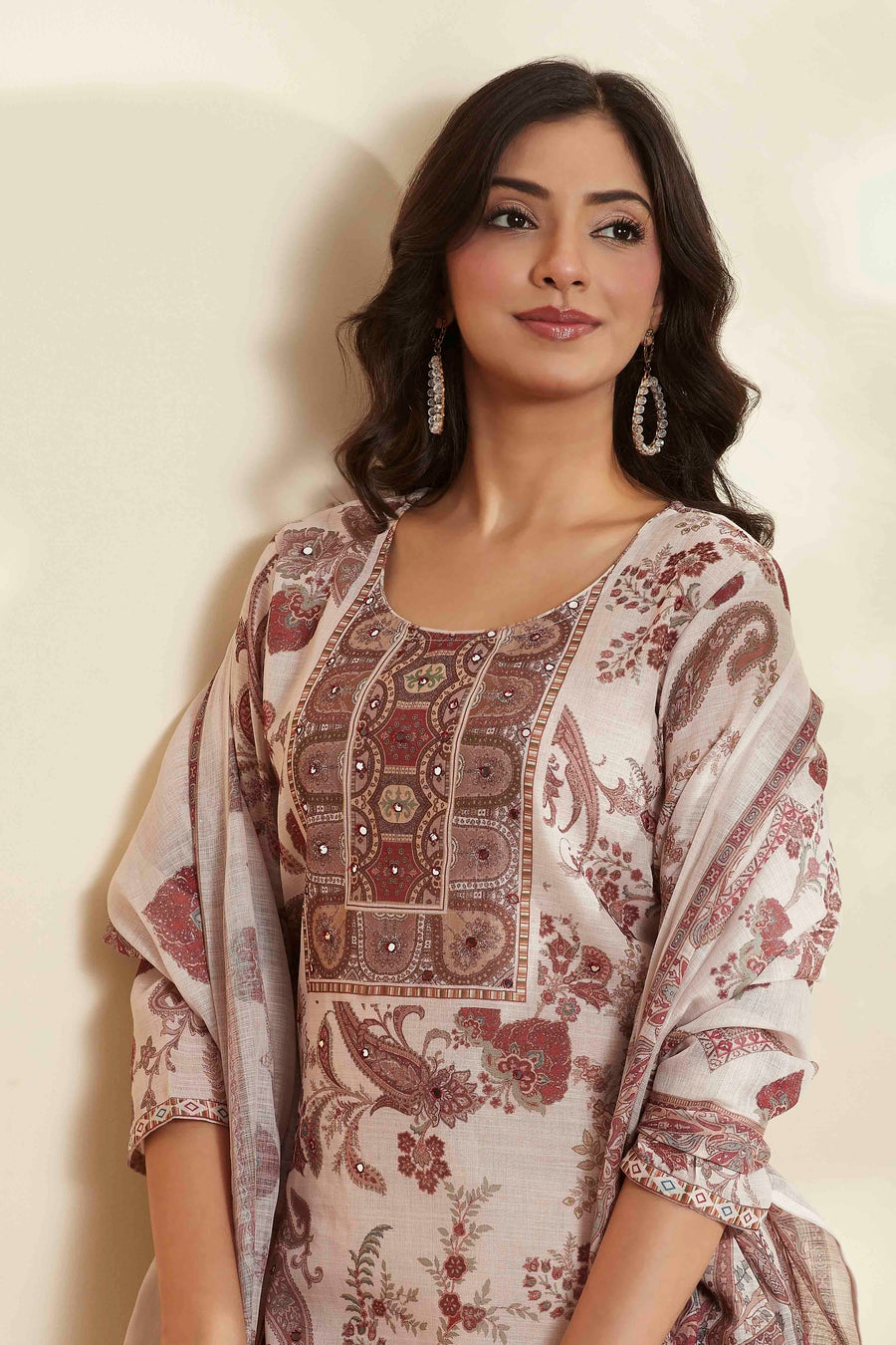 Cream Paisley Printed Poly Linen Kurta Set