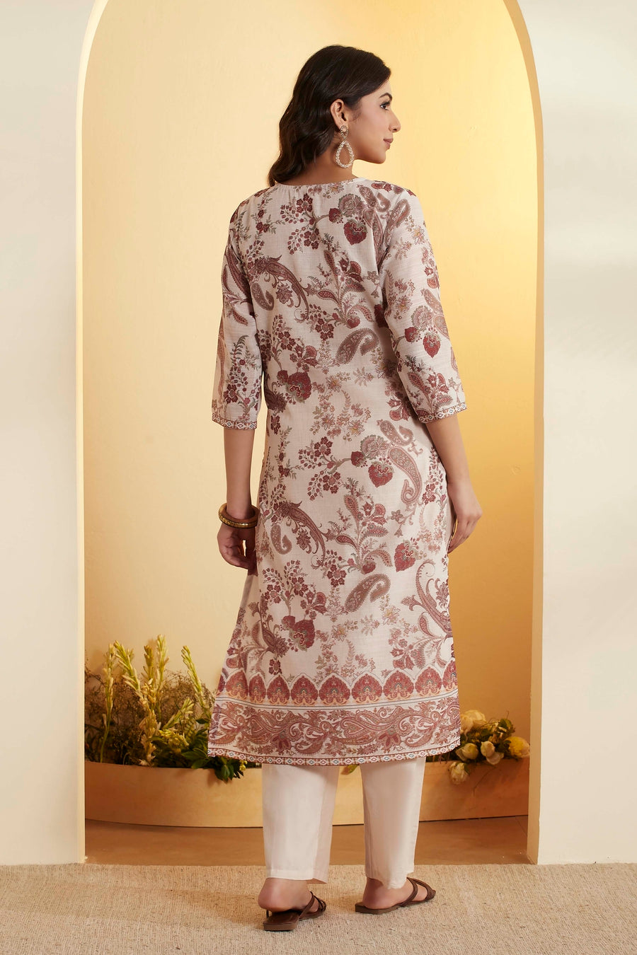 Cream Paisley Printed Poly Linen Kurta Set