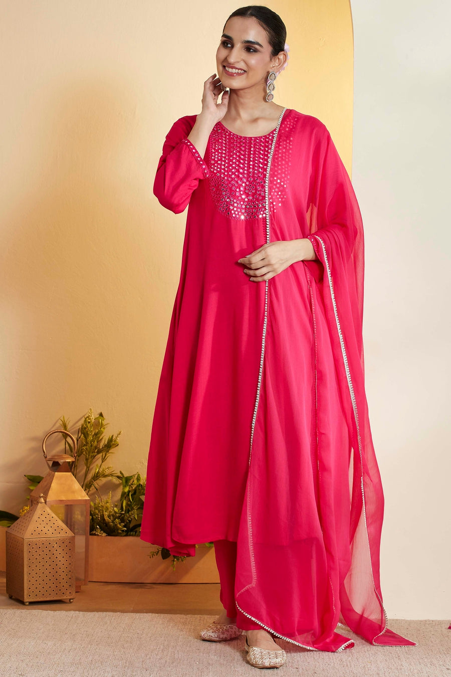 Fuchsia Viscose Rayon Embellished Yoke Straight Kurta Set