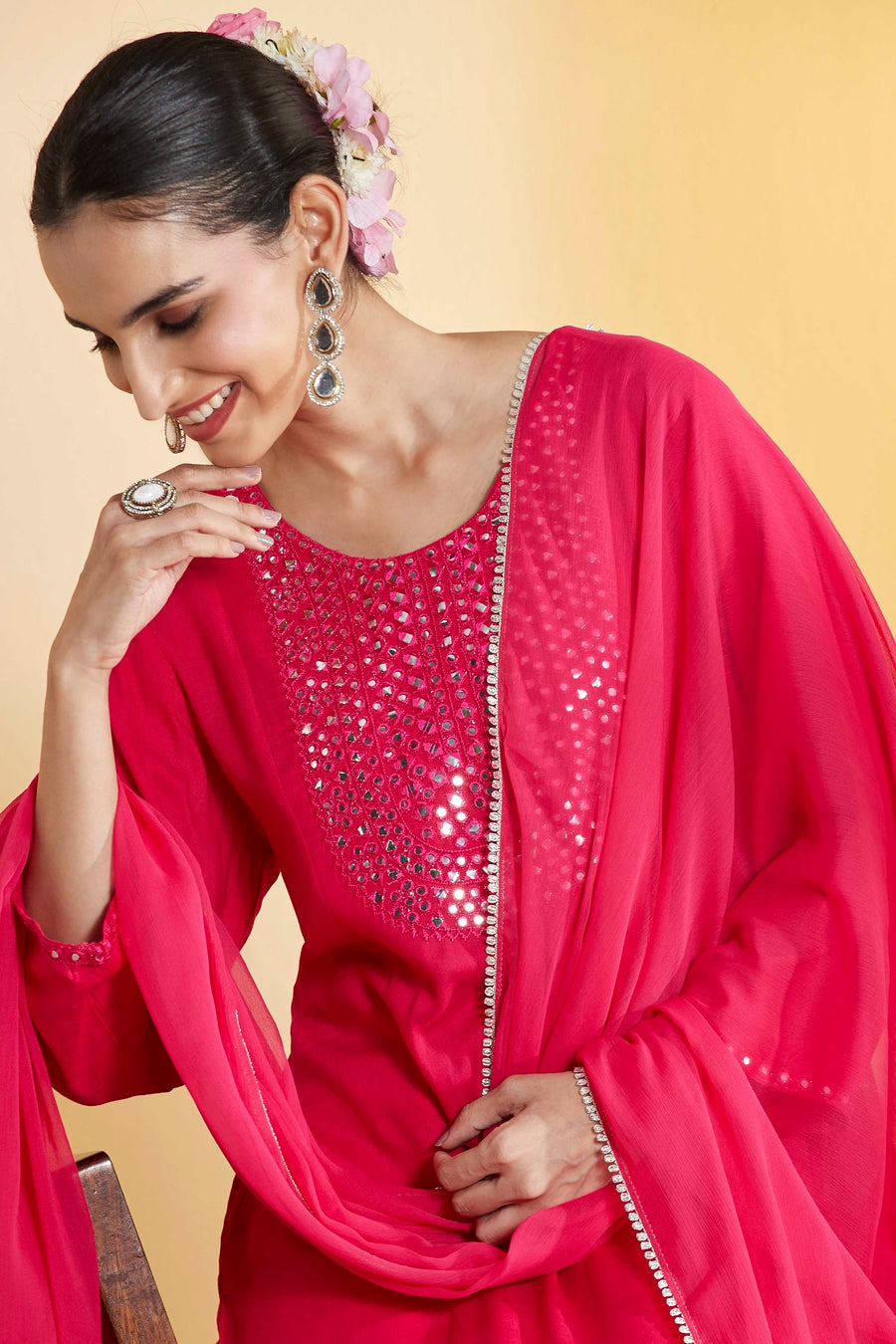 Fuchsia Viscose Rayon Embellished Yoke Straight Kurta Set