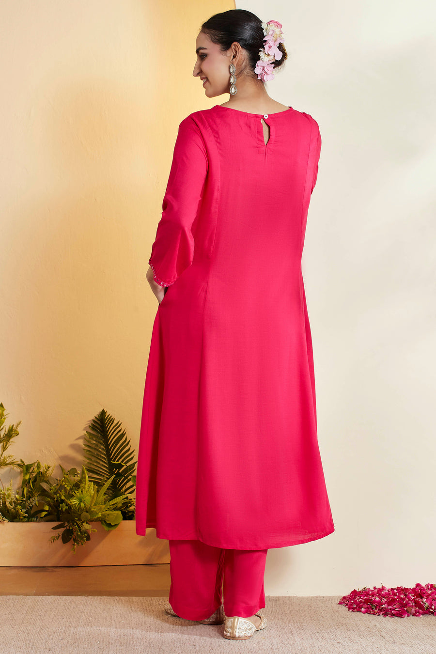 Fuchsia Viscose Rayon Embellished Yoke Straight Kurta Set
