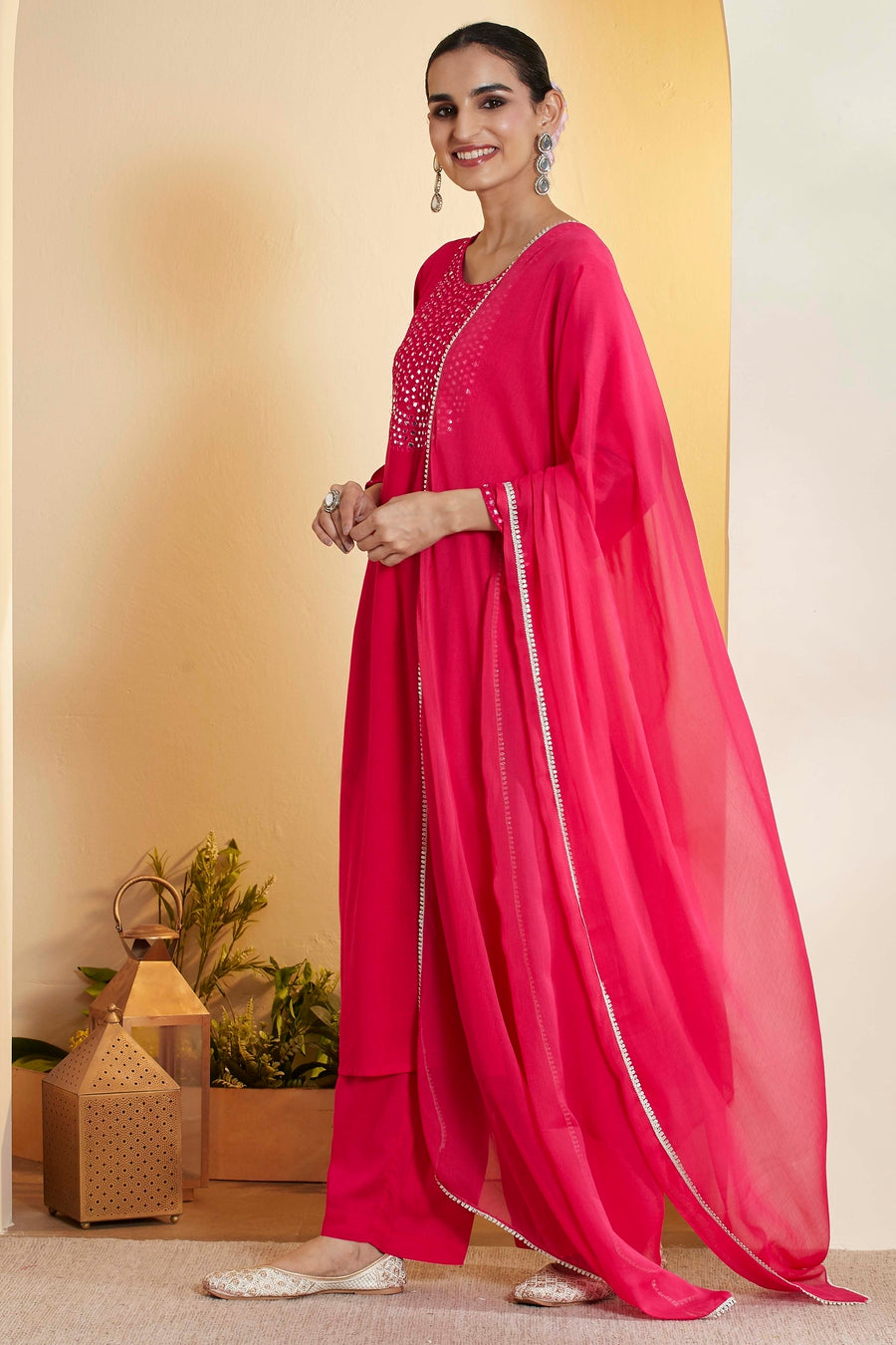 Fuchsia Viscose Rayon Embellished Yoke Straight Kurta Set
