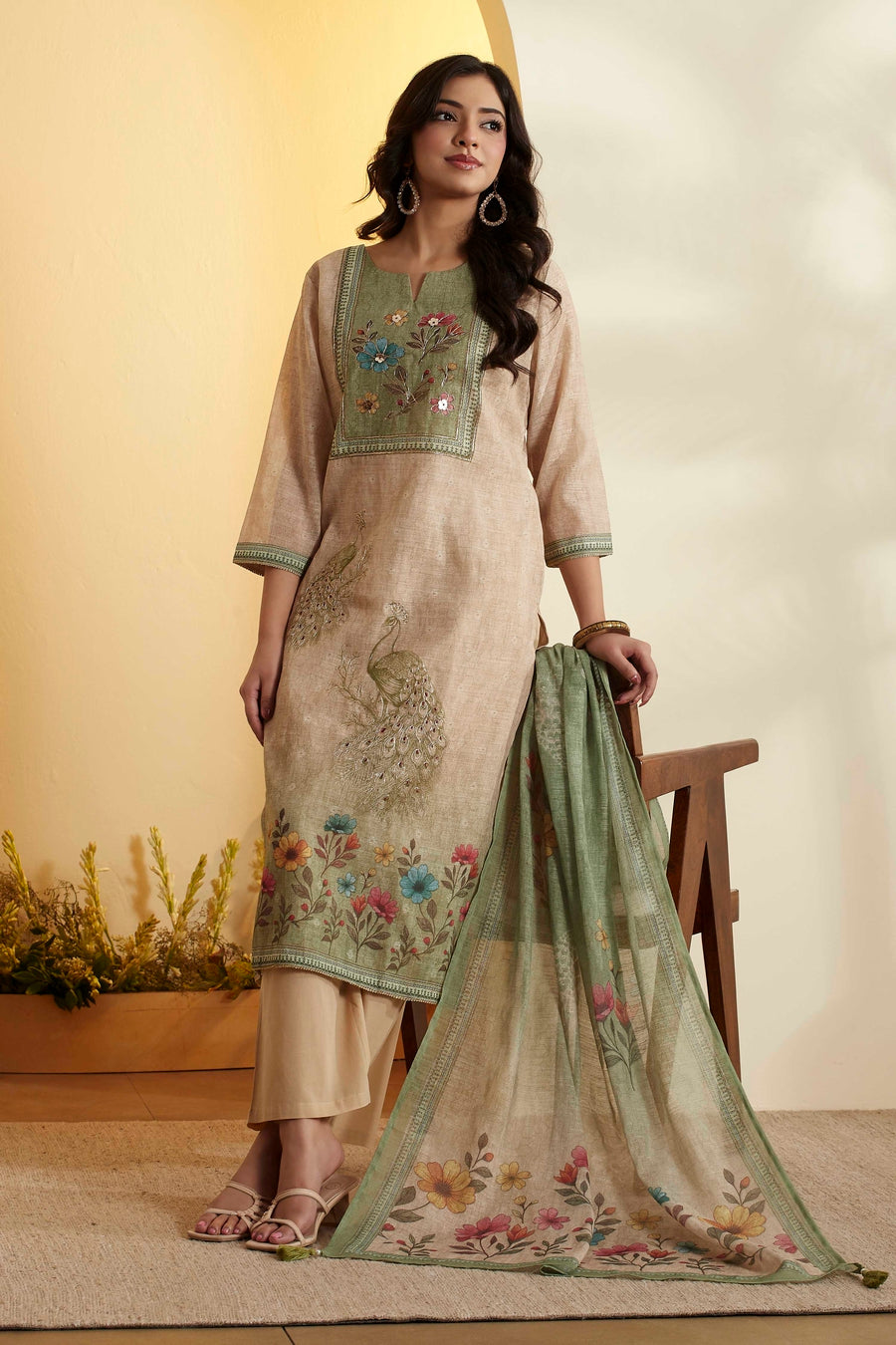 Green & Beige Printed Cotton Straight Kurta Set