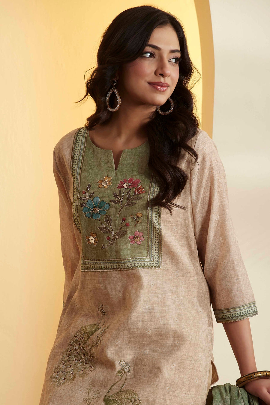Green & Beige Printed Cotton Straight Kurta Set