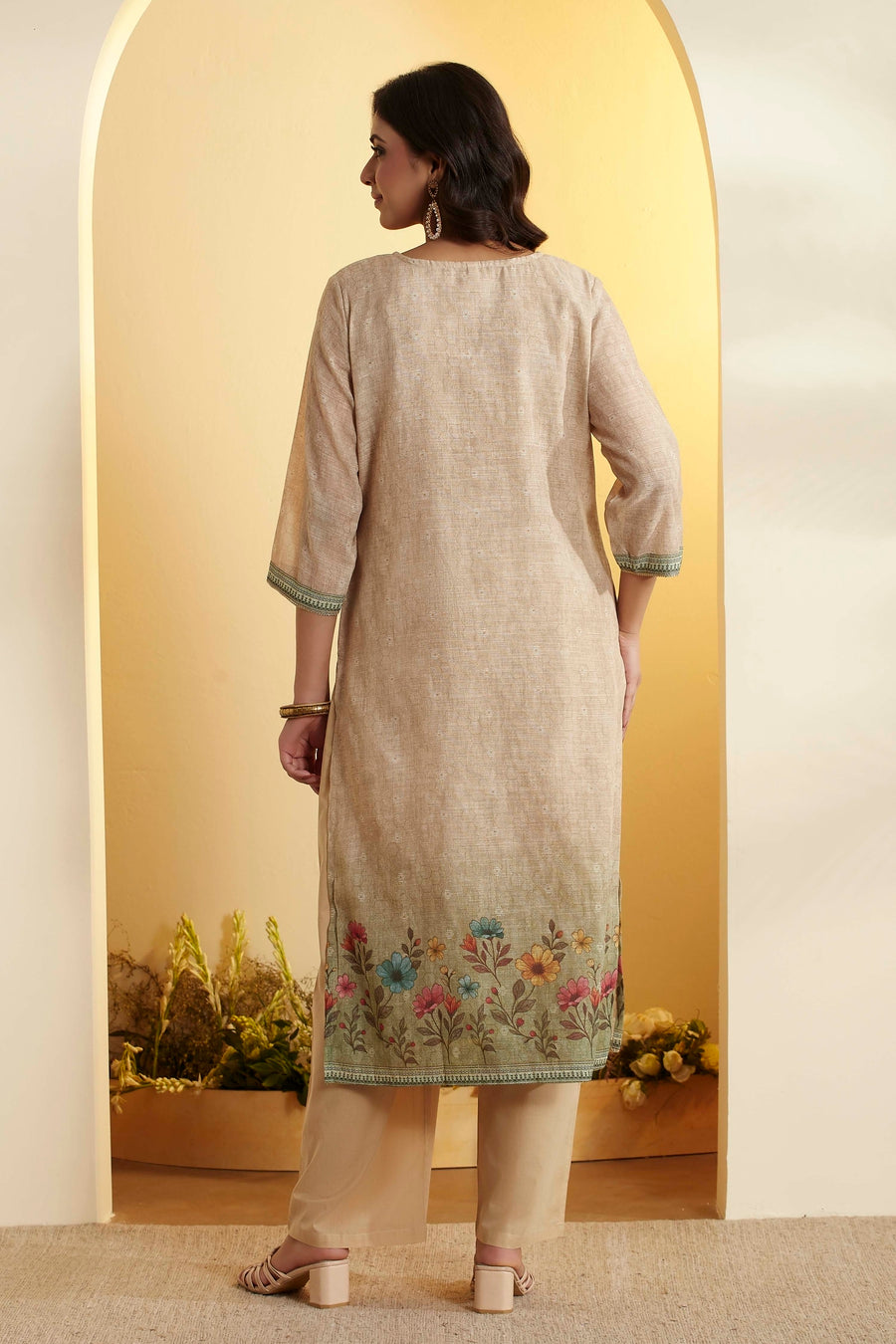 Green & Beige Printed Cotton Straight Kurta Set