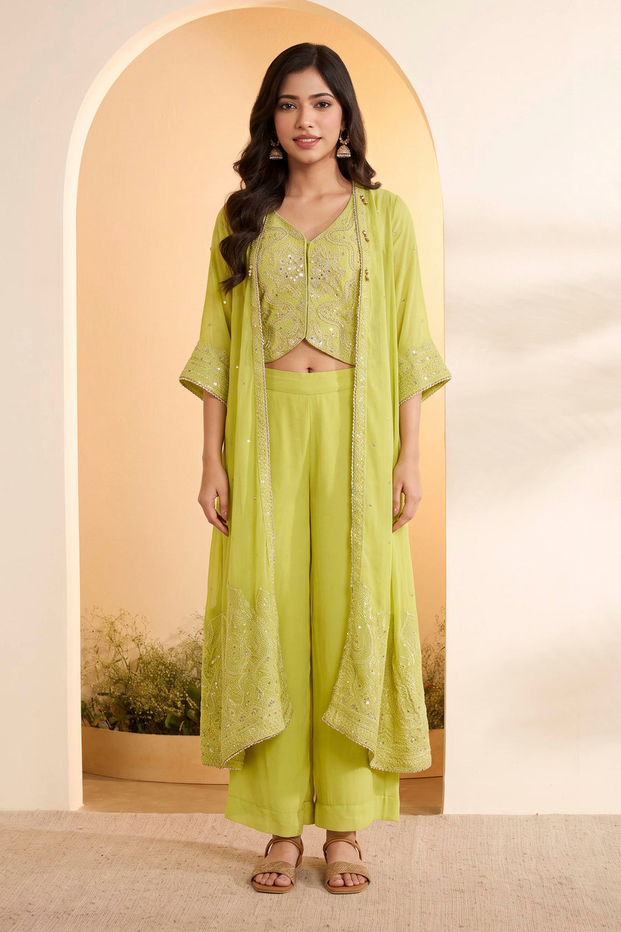 Lime Green Embroidered 3-Piece Palazzo Set