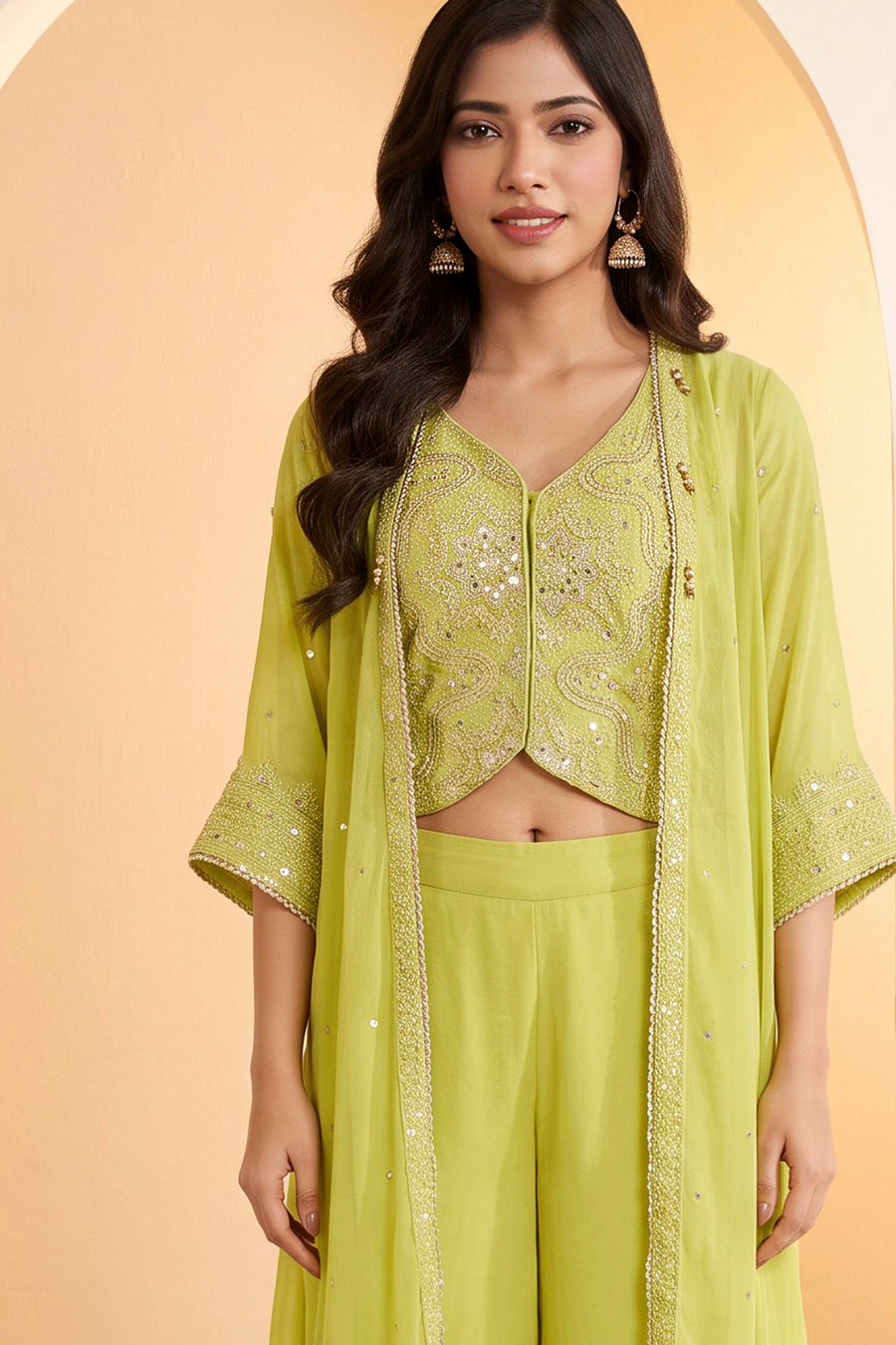 Lime Green Embroidered 3-Piece Palazzo Set