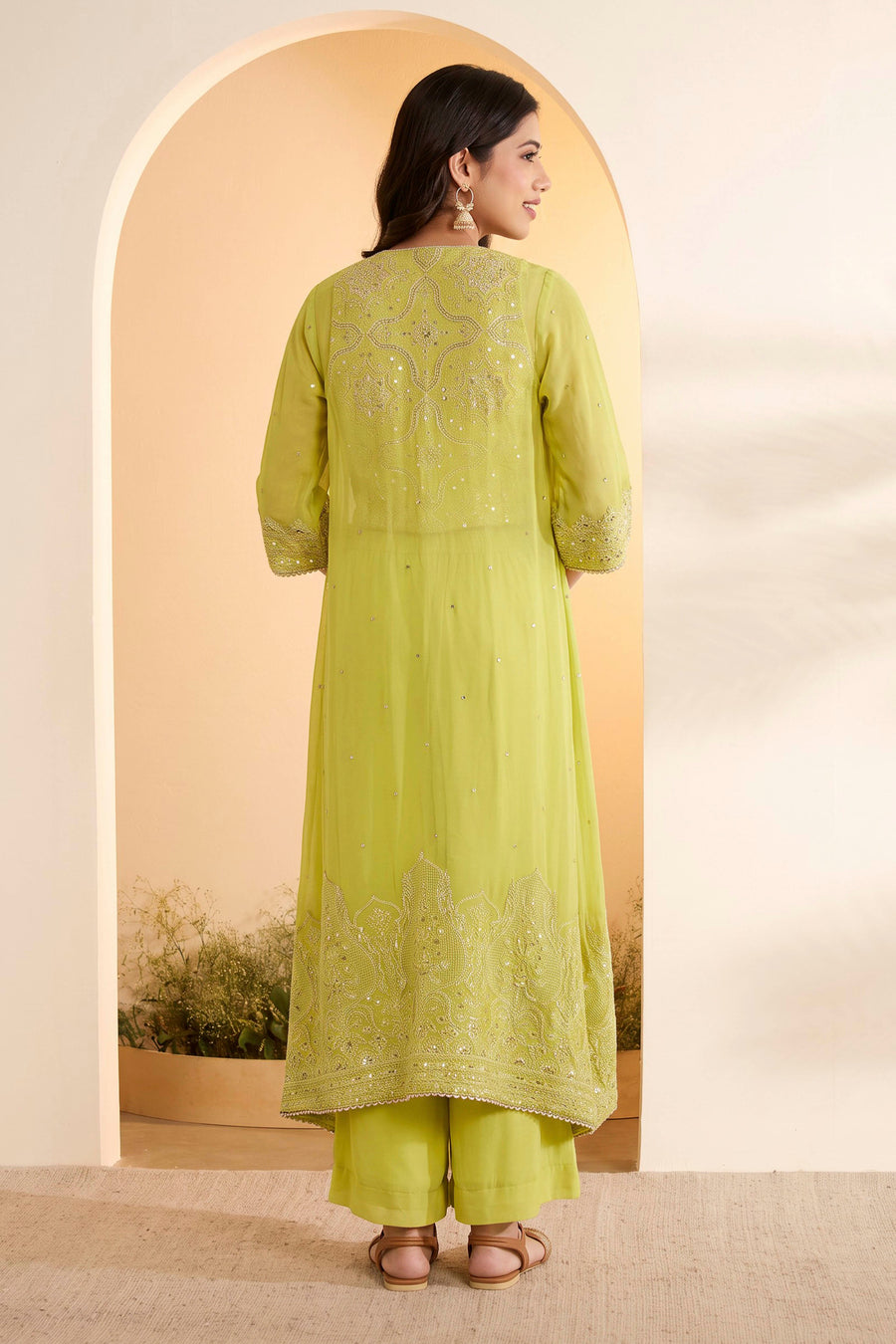 Lime Green Embroidered 3-Piece Palazzo Set