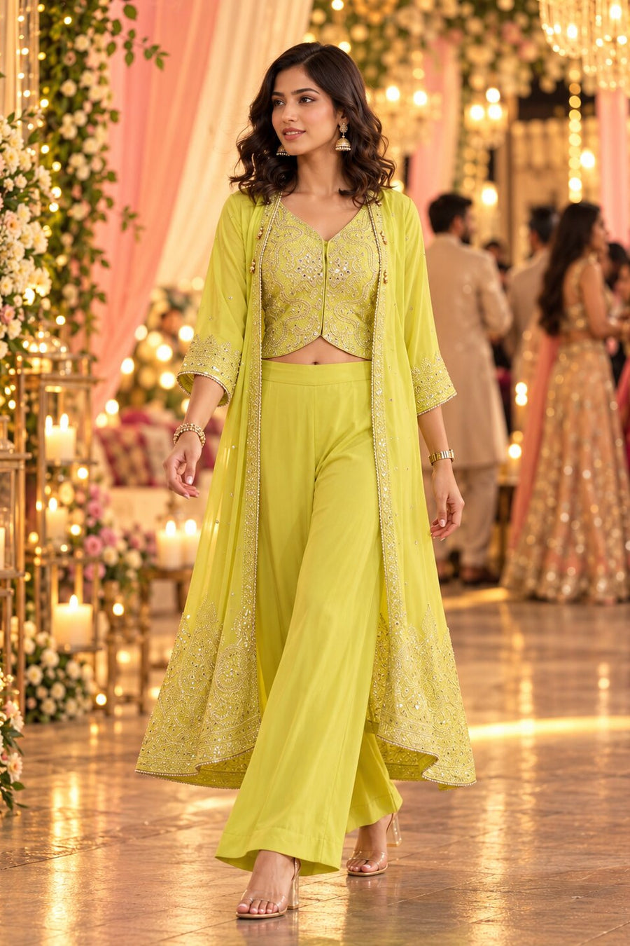 Lime Green Embroidered 3-Piece Palazzo Set