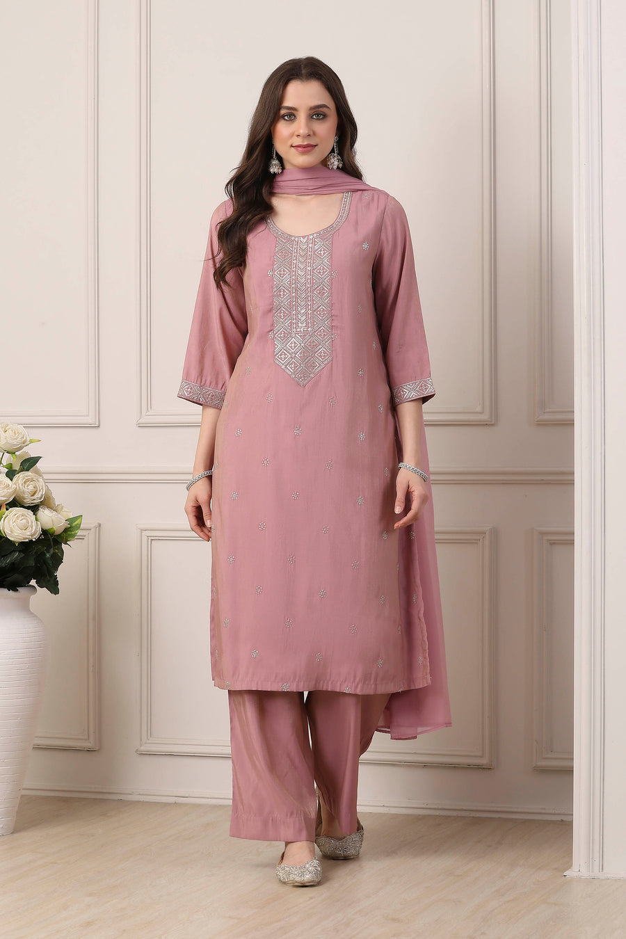 Pink yoke embroidered straight suit set by BIBA, image 1 of 4