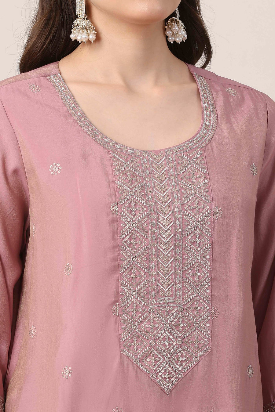 Pink yoke embroidered straight suit set by BIBA, image 2 of 4