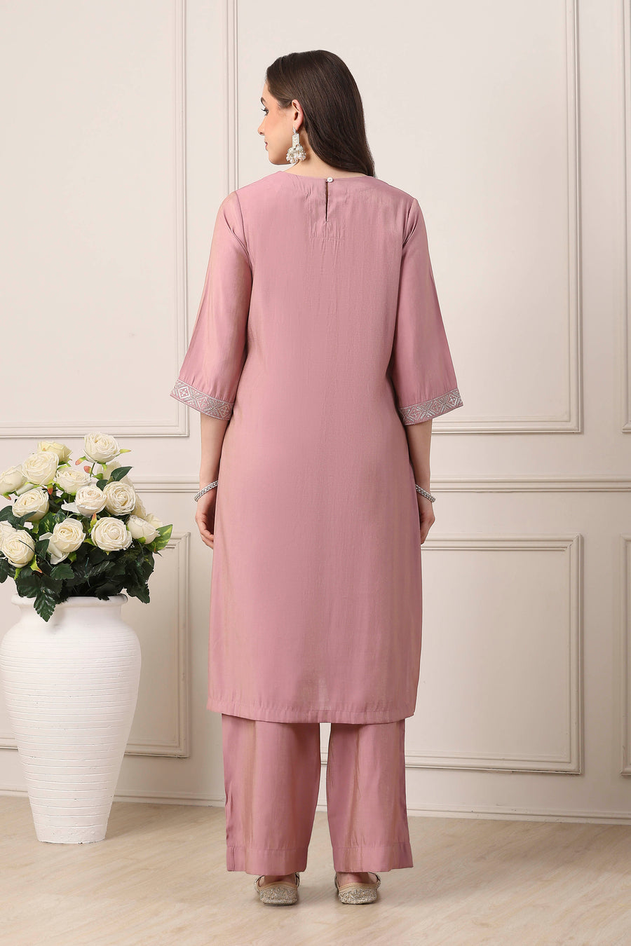 Pink yoke embroidered straight suit set by BIBA, image 3 of 4