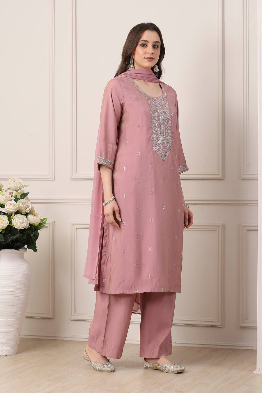 Pink yoke embroidered straight suit set by BIBA, image 4 of 4