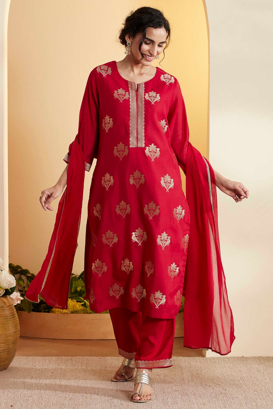 Red kurta set with gold leaf motifs and dupatta by BIBA, image 1 of 4