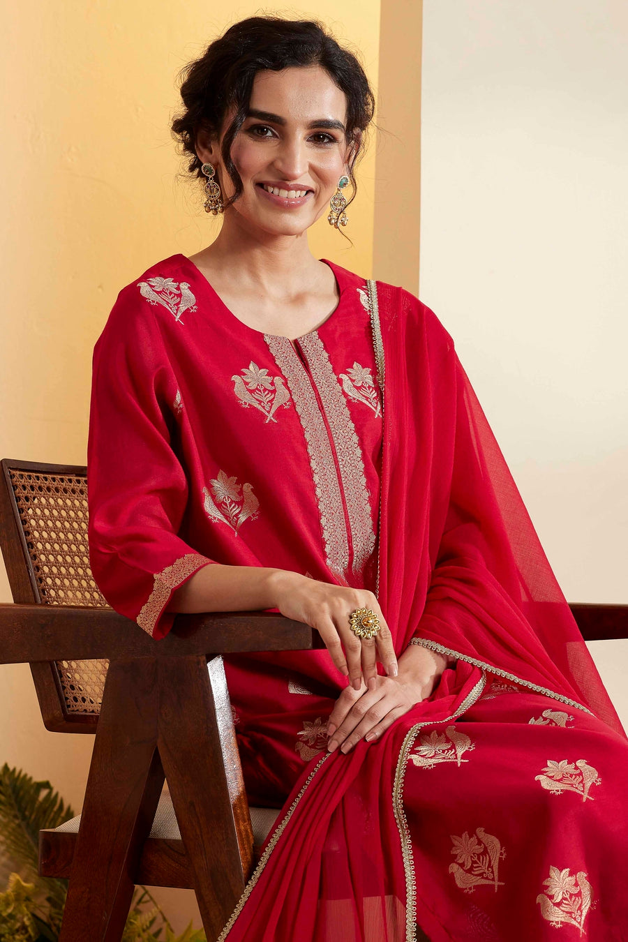 Red kurta set with gold leaf motifs and dupatta by BIBA, image 2 of 4
