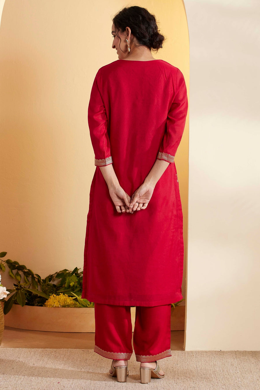 Red kurta set with gold leaf motifs and dupatta by BIBA, image 3 of 4