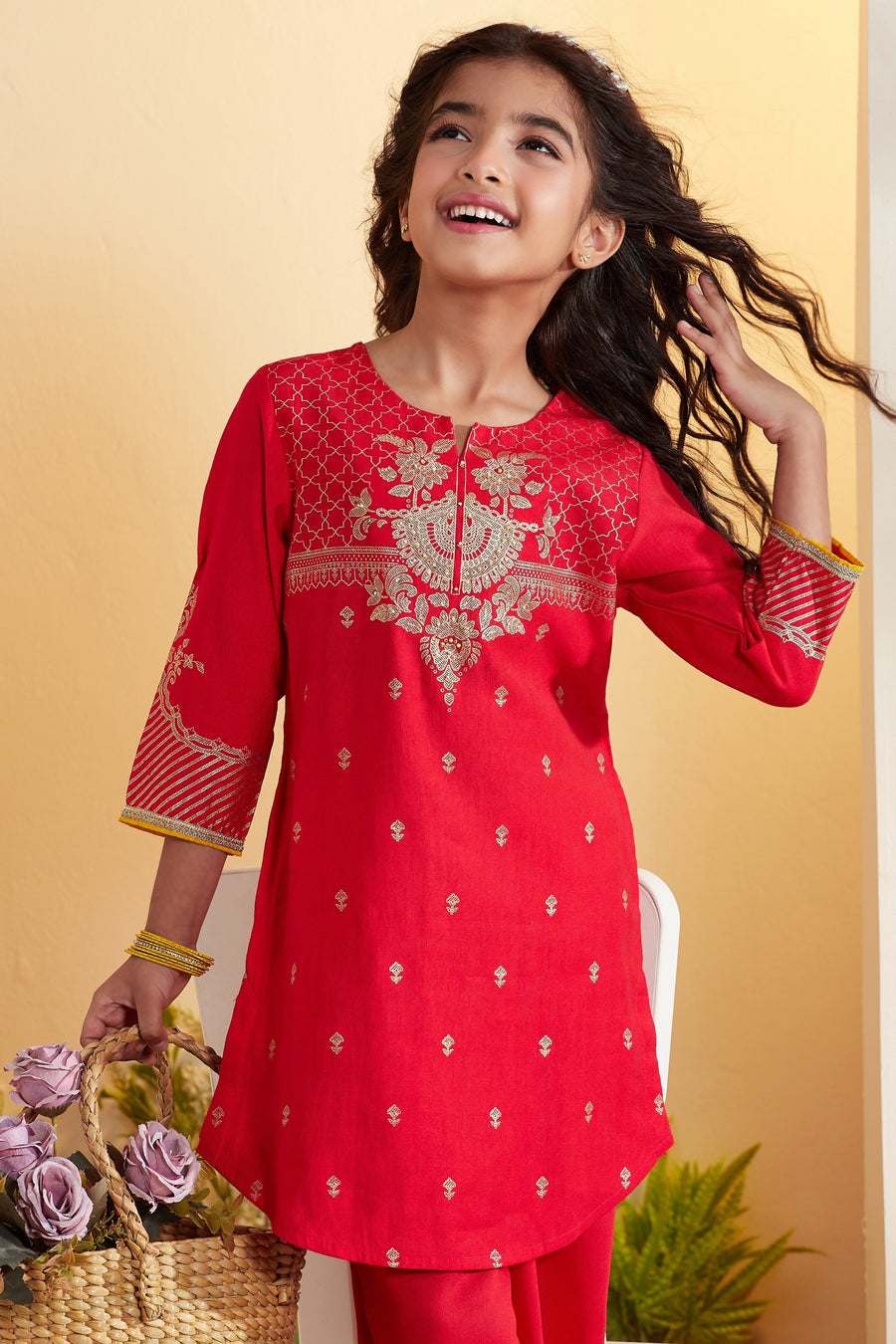 Kid's Red Embroidered Kurta &amp; Palazzo Set