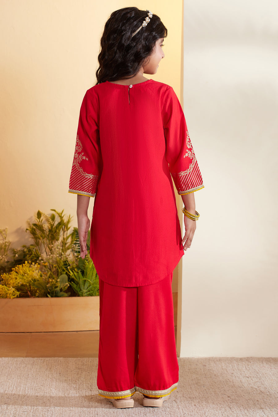 Kid's Red Embroidered Kurta &amp; Palazzo Set