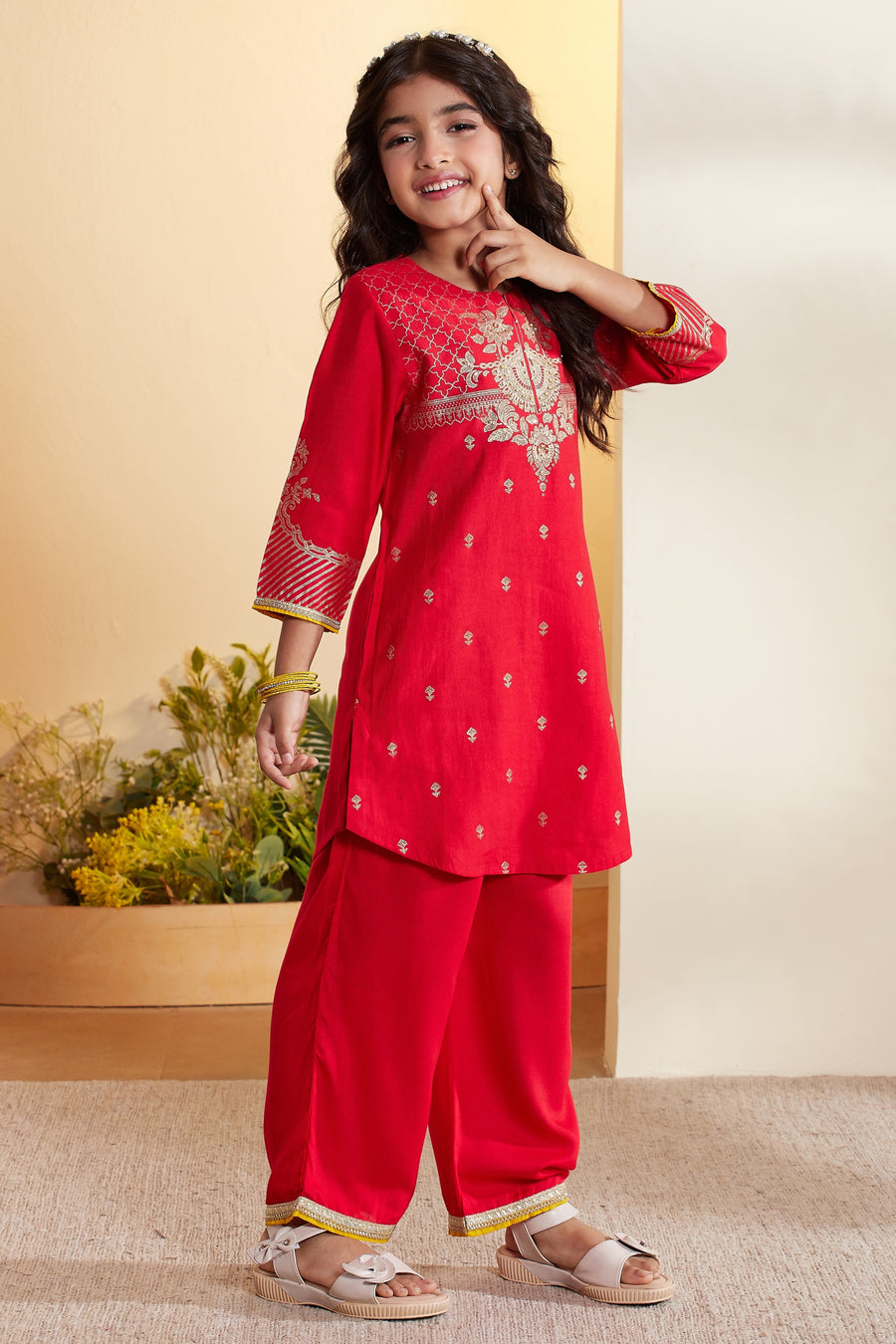 Kid's Red Embroidered Kurta &amp; Palazzo Set