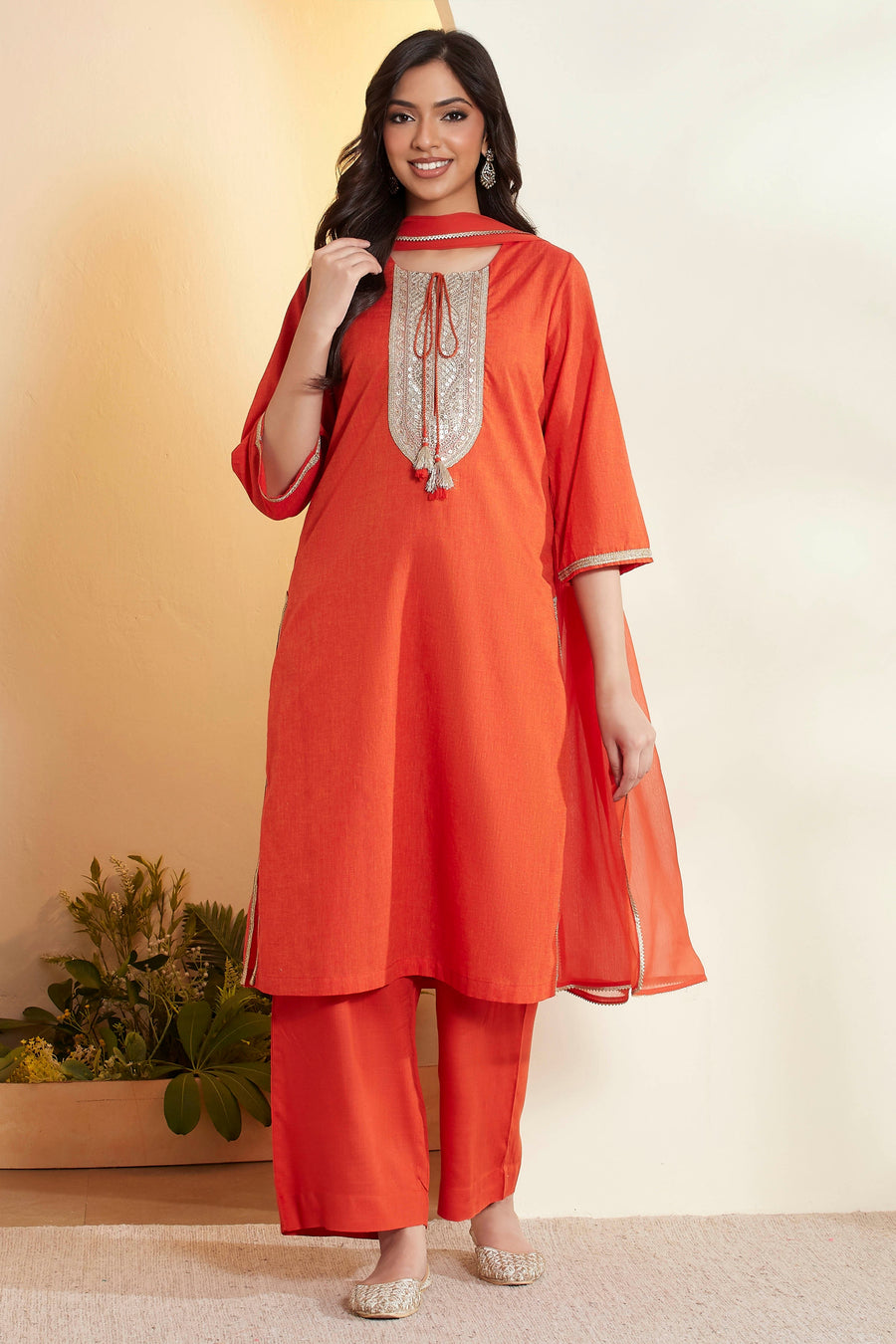 Rust Cotton Yoke Design Straight Kurta Set