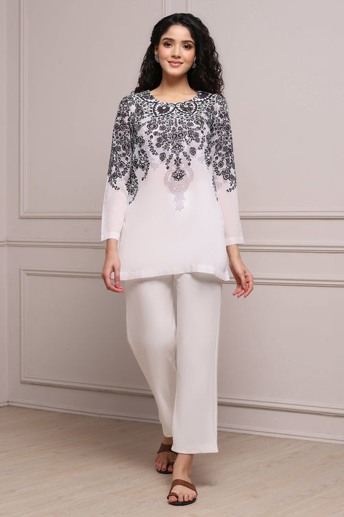 Black and White Art Silk Printed Straight Short Kurta