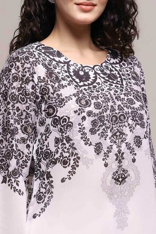 Black and White Art Silk Printed Straight Short Kurta