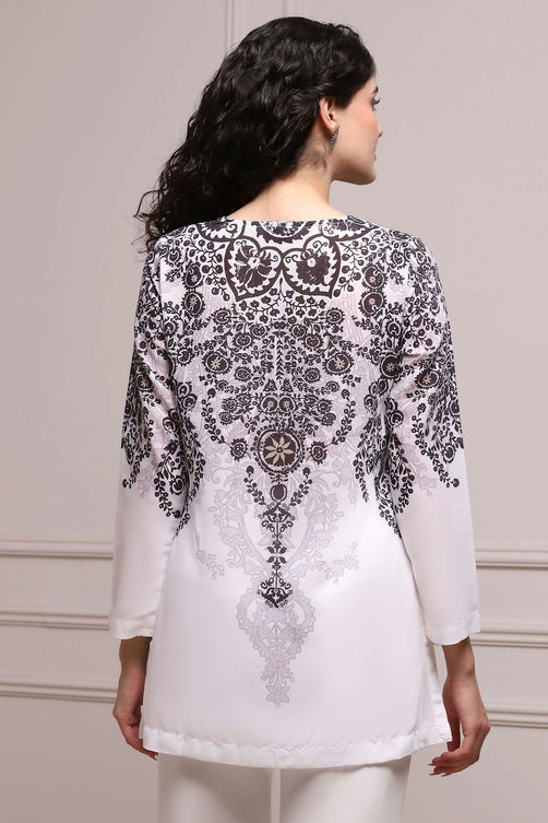 Black and White Art Silk Printed Straight Short Kurta