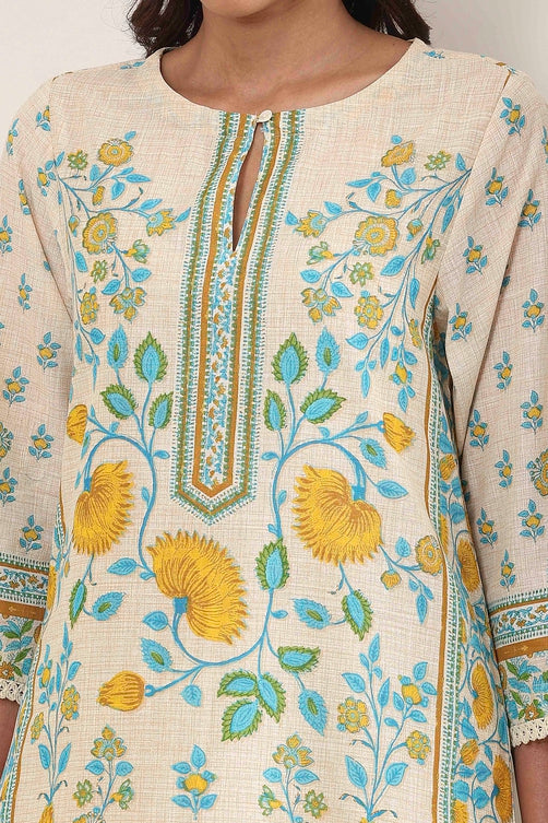 Off-White Cotton Printed Straight Kurta