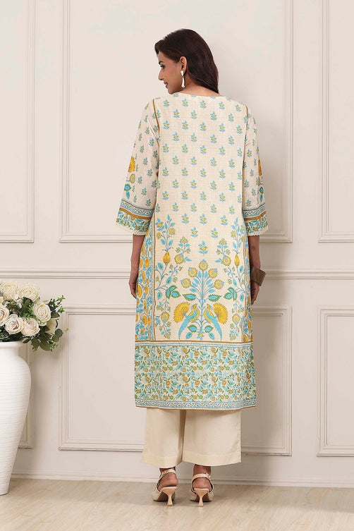Off-White Cotton Printed Straight Kurta