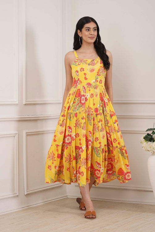 Yellow Floral Printed Strappy Tiered Dress