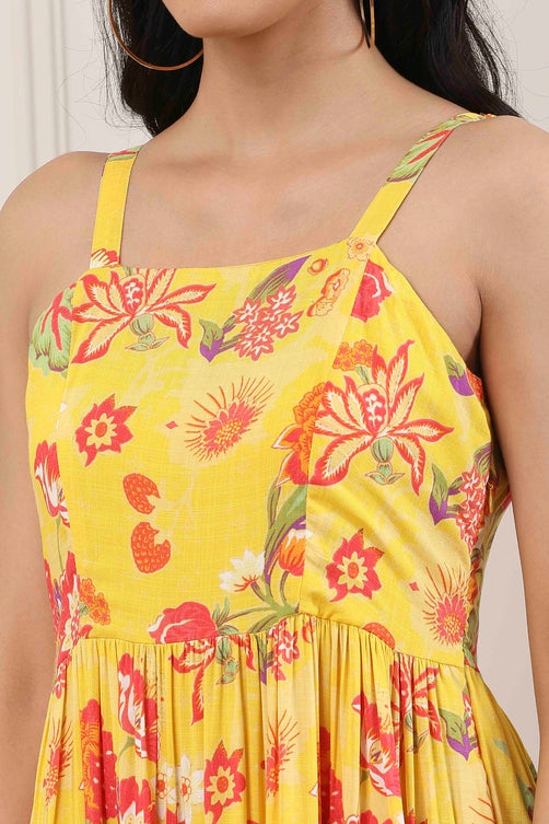 Yellow Floral Printed Strappy Tiered Dress
