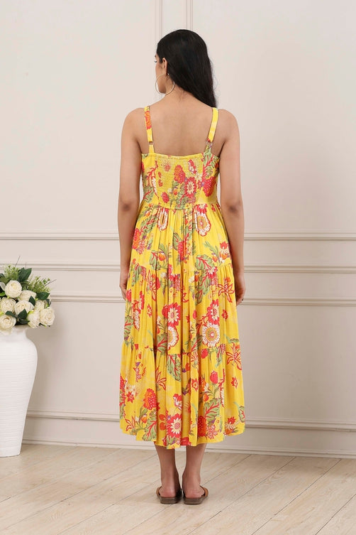 Yellow Floral Printed Strappy Tiered Dress