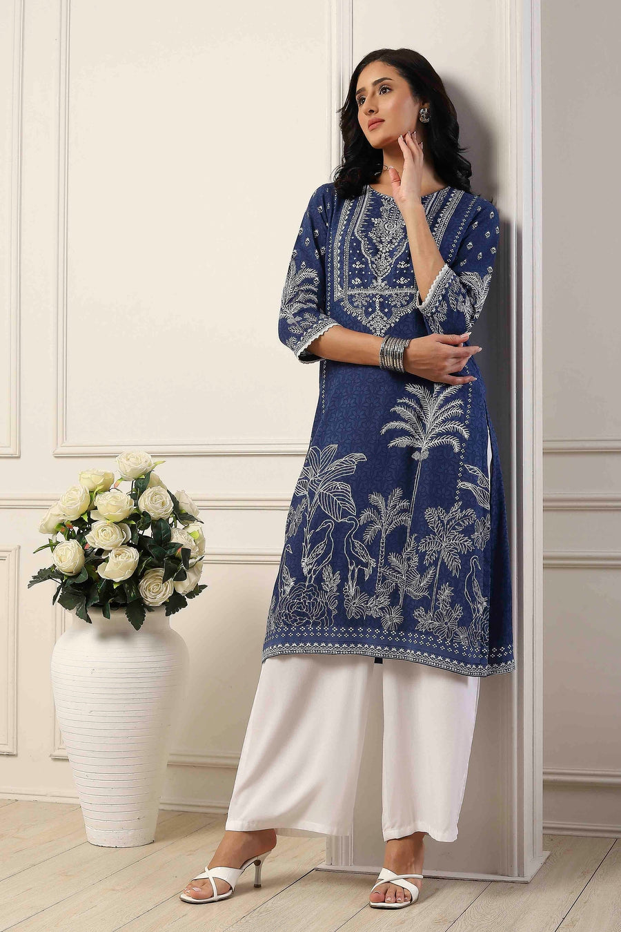 Blue and white floral print kurta and palazzo set by BIBA, image 1 of 3