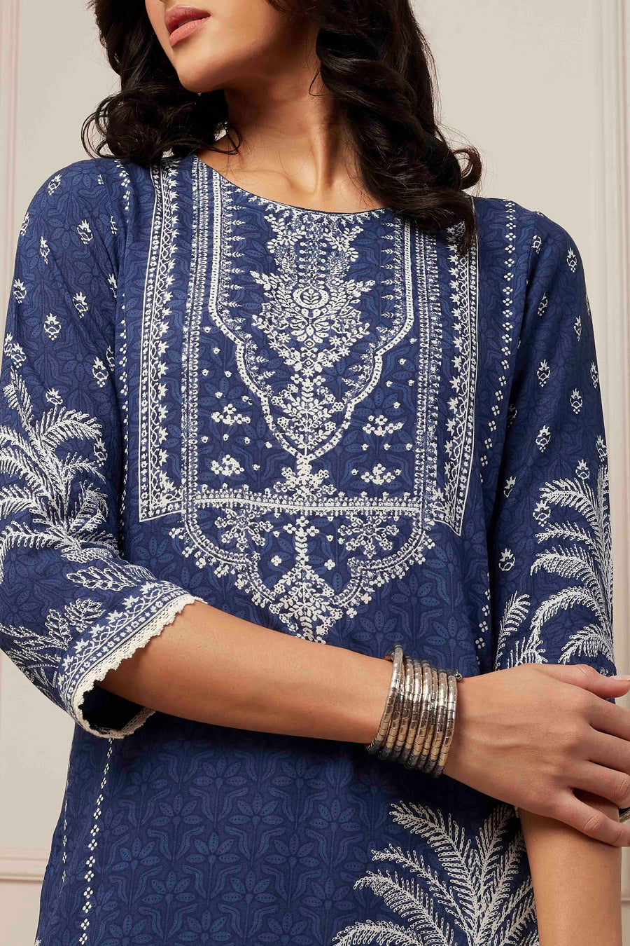 Blue and white floral print kurta and palazzo set by BIBA, image 2 of 3