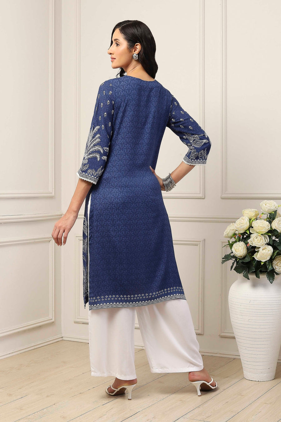 Blue and white floral print kurta and palazzo set by BIBA, image 3 of 3