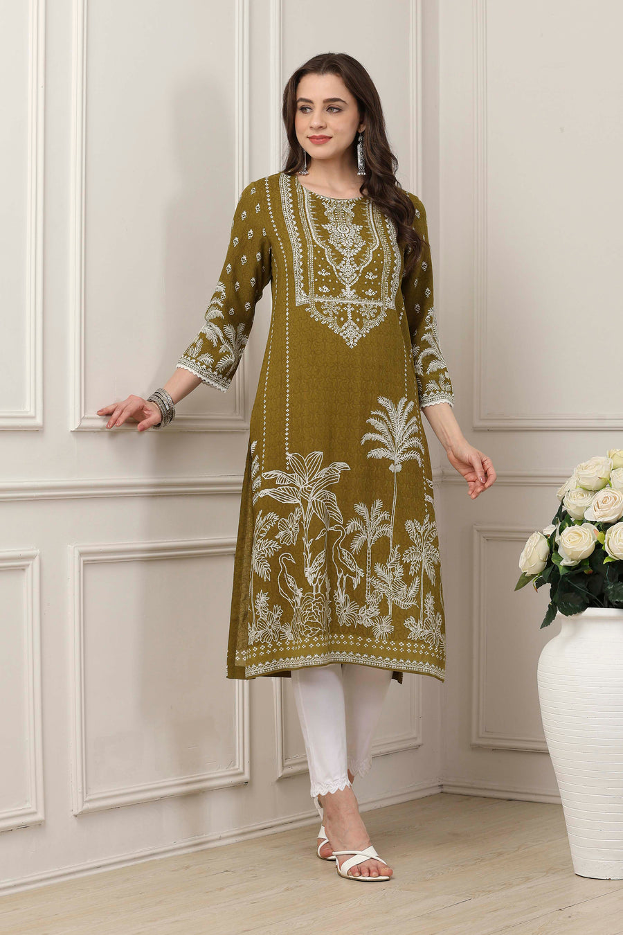 Olive green floral print kurta and pants set by BIBA, image 1 of 3