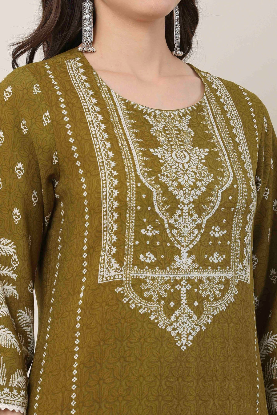 Olive green floral print kurta and pants set by BIBA, image 2 of 3