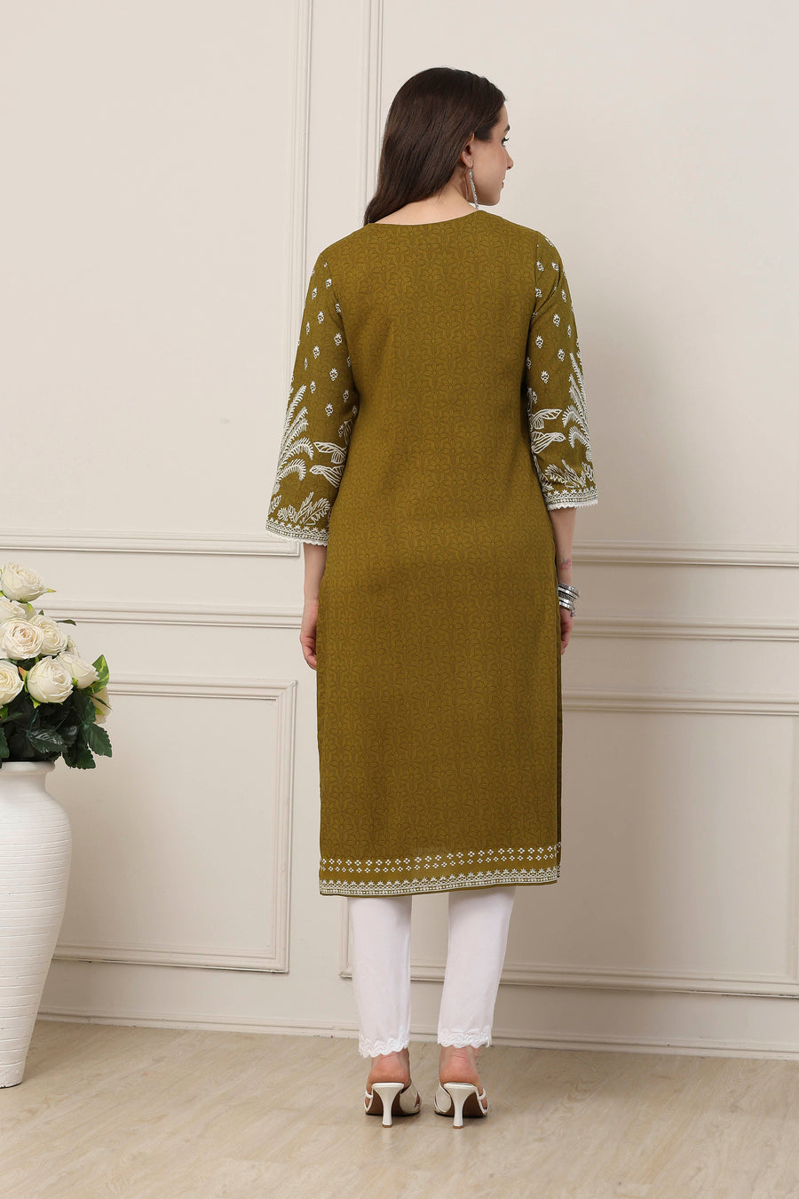 Olive green floral print kurta and pants set by BIBA, image 3 of 3