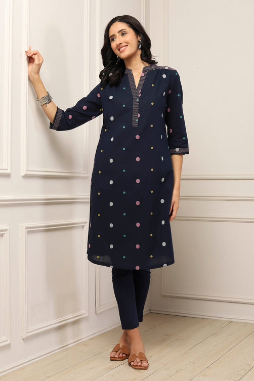 Navy Blue Cotton Polka Dot Straight Kurta