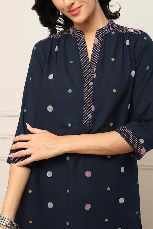 Navy Blue Cotton Polka Dot Straight Kurta