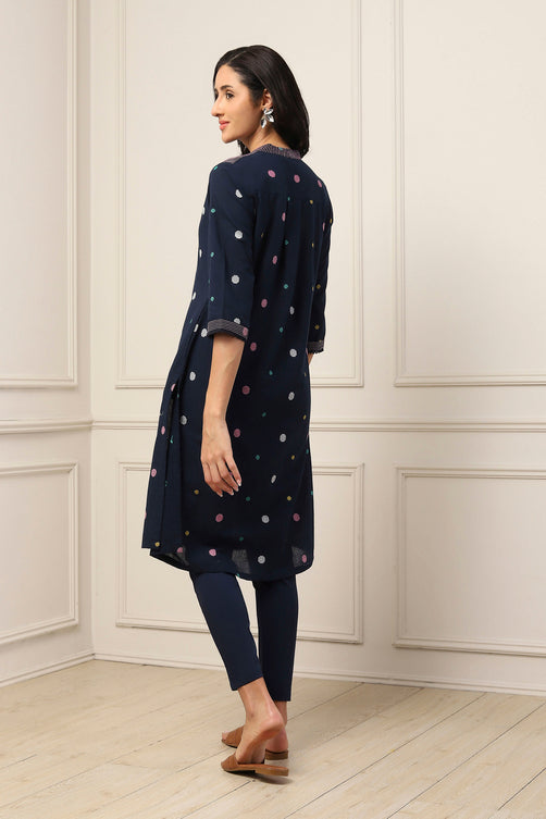 Navy Blue Cotton Polka Dot Straight Kurta